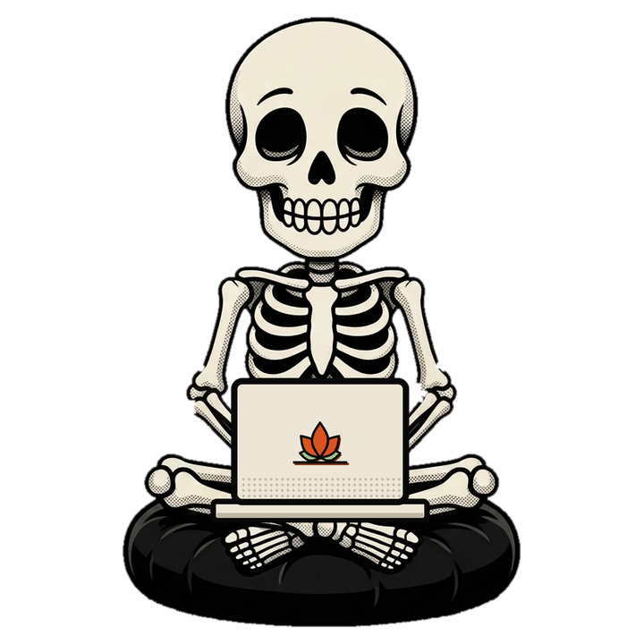 Cartoon skeleton sitting cross-legged with a laptop